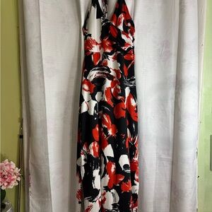 Elegant Floral Halter Dress - Red, Black, White
